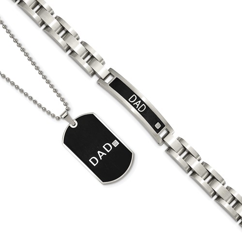 Chisel Stainless Steel Brushed Black IP-plated with CZ Dad 8.75 Inch Bracelet and 24 Inch Necklace Set