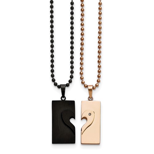 Chisel Stainless Steel Polished Black and Rose IP-plated Heart Pendants on 22 Inch Ball Chain Necklace Set