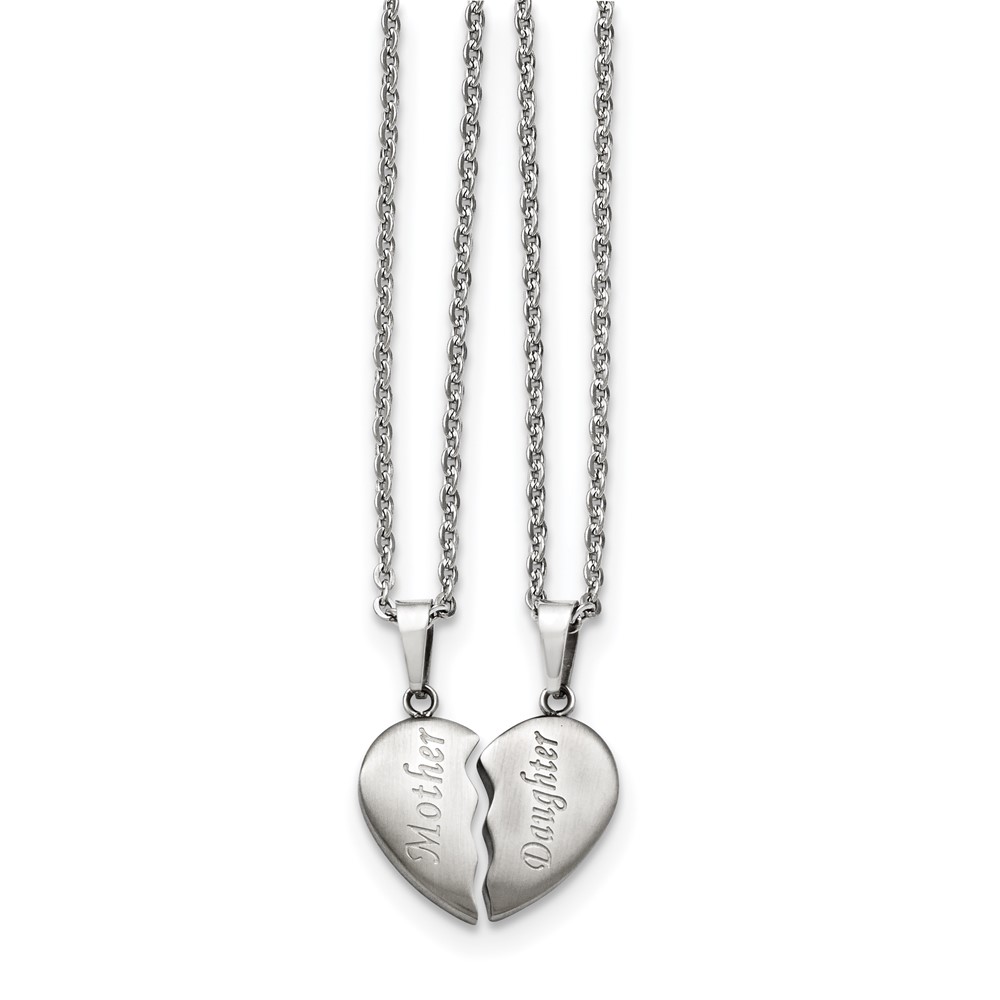 Stainless Steel Brushed 1/2 Heart Mother/Daughter Necklace Set