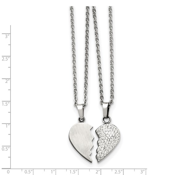 Chisel Stainless Steel 1/2 Heart Brushed and 1/2 Heart Crystal Pendants on 20 inch Cable Chain Necklace Set
