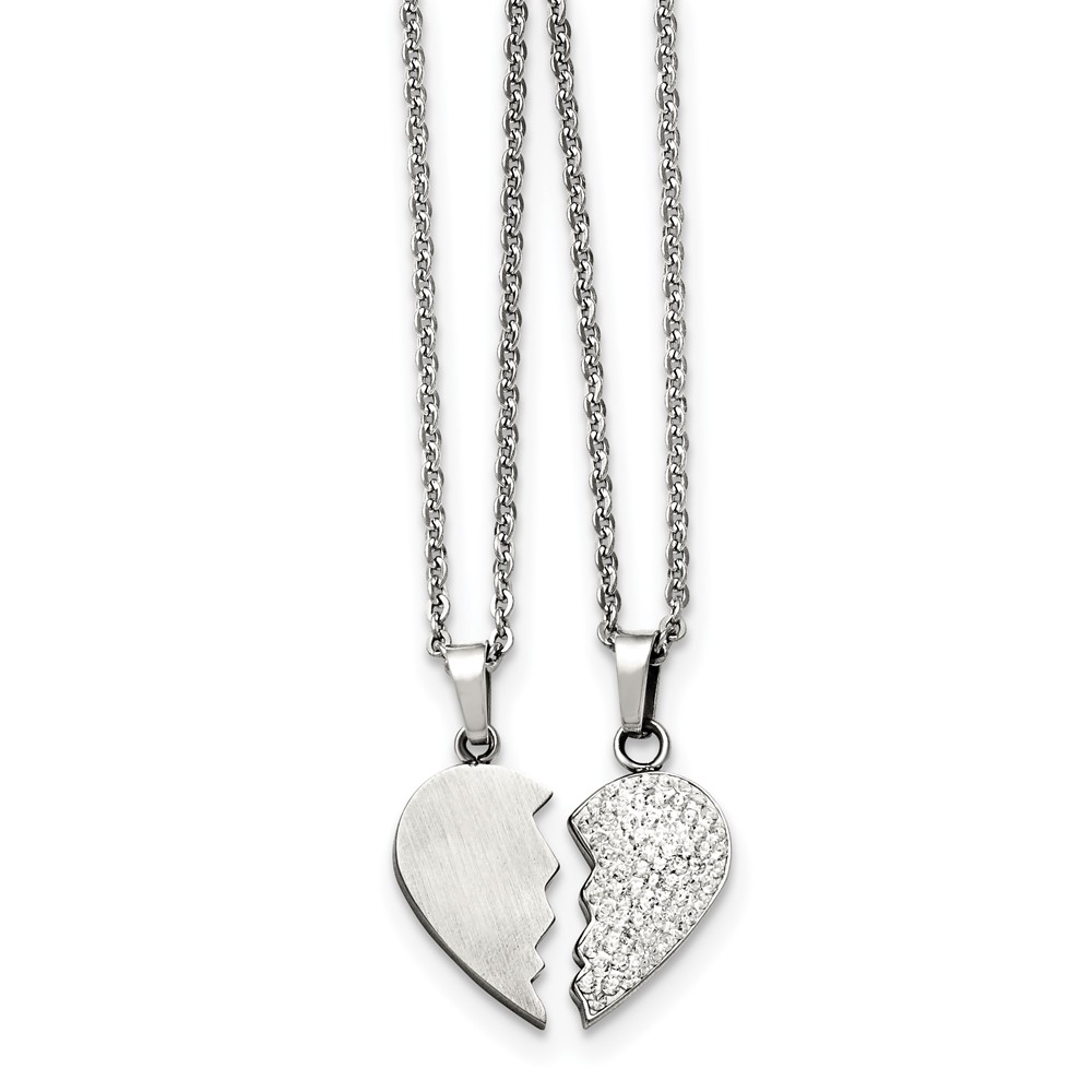 Stainless Steel 1/2 Heart Brushed & 1/2 Heart Crystal Necklace Set