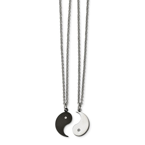 Chisel Stainless Steel Brushed and Polished Black IP-plated with CZ YinYang Pendants on Cable Chain Necklace Set, 20"