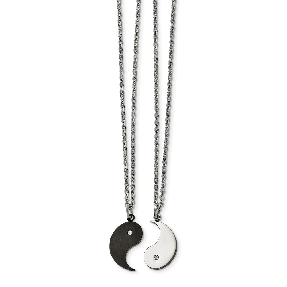 Stainless Steel Brushed & Polished Black IP w/CZ YinYang 20in Necklace Set