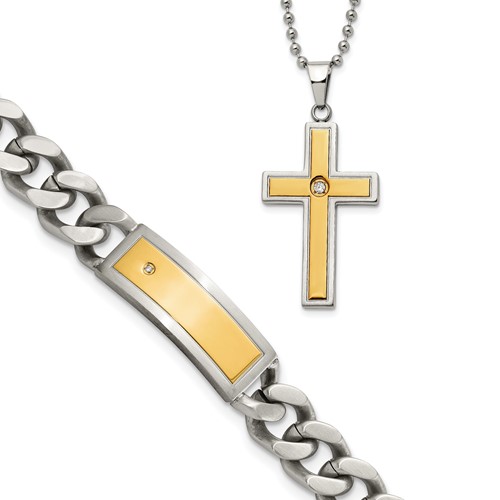 Chisel Stainless Steel Polished and Matte Yellow IP-plated with CZ 24 InchNecklace and Bracelet Set, 8.5"