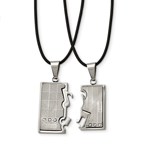 Chisel Stainless Steel Brushed and Polished with CZ Love and Music Pendants on Leather Cord Necklace Set, 20"