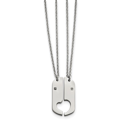Stainless Steel Polished W CZ 1 2 Hearts Dog Tag 20 Inch Necklace Set