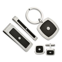 Chisel Stainless Steel Brushed and Polished Black Enamel and CZ Key Ring, Money Clip, Cuff Link and Tie Bar Boxed Set view 1