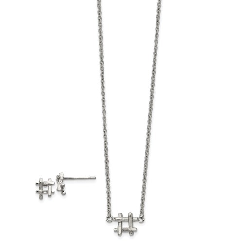 Stainless Steel Polished HashTag 16in W 2in Ext. Necklace and Earring Set