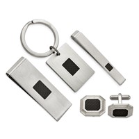 Chisel Stainless Steel Brushed Black Carbon Fiber Inlay 4-piece Key Ring, Money Clip, Cuff Link and Tie Bar Boxed Set view 1