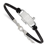 Sterling Silver Rhodium-plated LogoArt US Naval Academy Small Center Black Leather Bracelet with Extender, 7" view 1