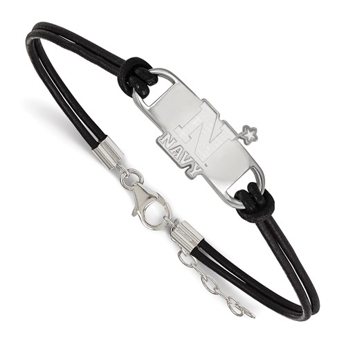 Sterling Silver Rhodium-plated LogoArt US Naval Academy Small Center Black Leather Bracelet with Extender, 7"
