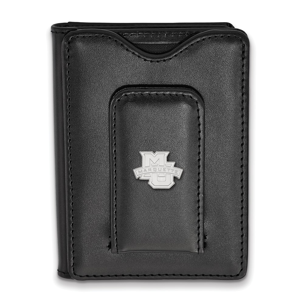 Sterling S. Rh-plated LogoArt Marquette University Black Leather Wallet