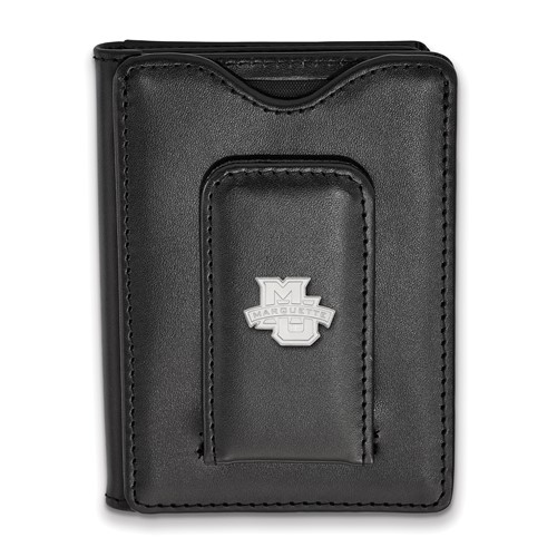Sterling S. Rh-plated LogoArt Marquette University Black Leather Wallet