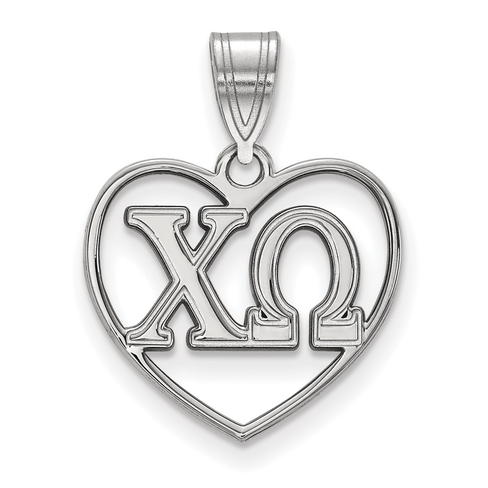 Sterling Silver Rhodium-plated LogoArt Chi Omega Sorority Greek Letters Heart Pendant