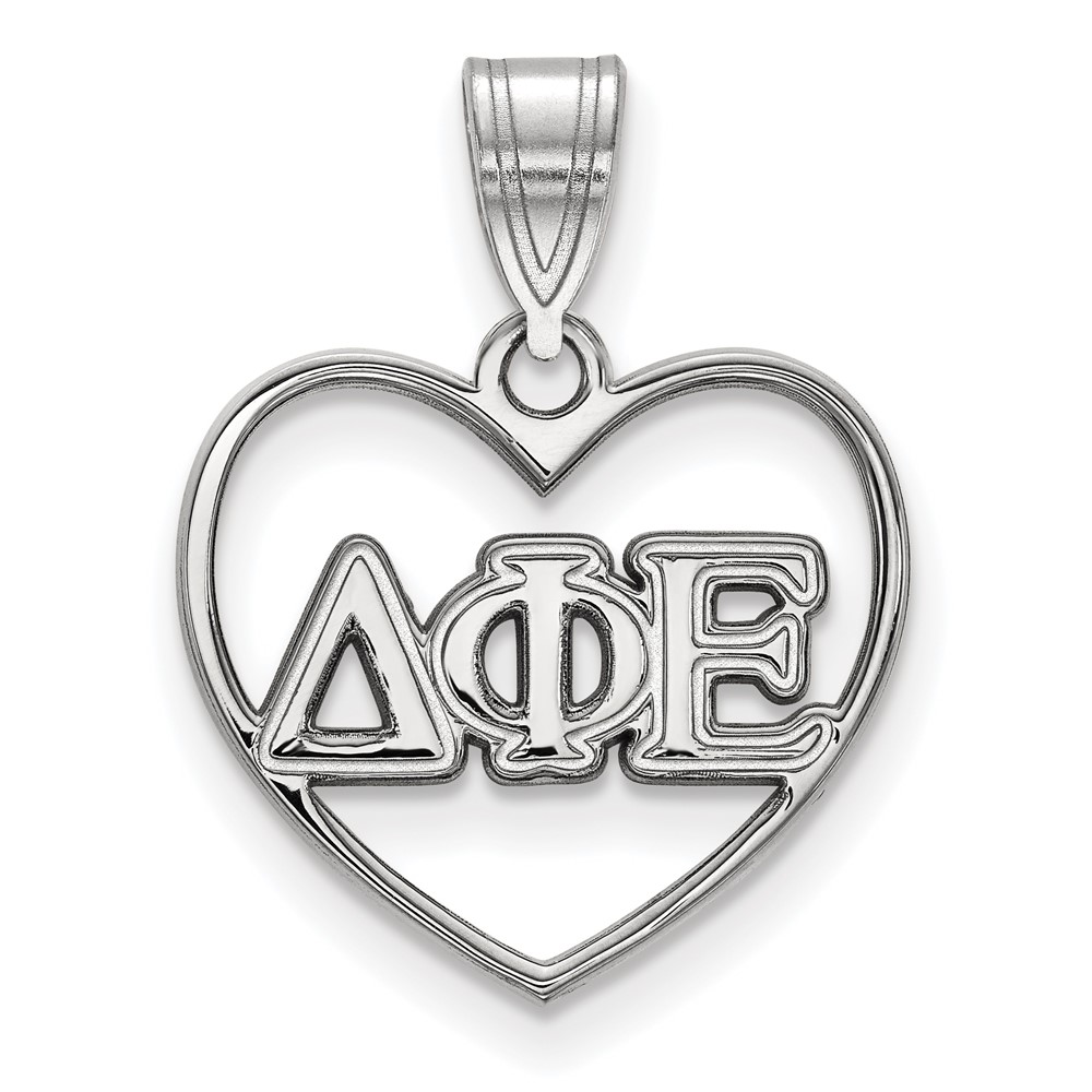 Sterling Silver Rhodium-plated LogoArt Delta Phi Epsilon Sorority Greek Letters Heart Pendant