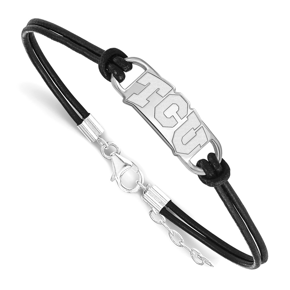 Sterling Silver Rhodium-plated LogoArt Texas Christian University T-c-u Small Center Black Leather Bracelet with Extender, 7"