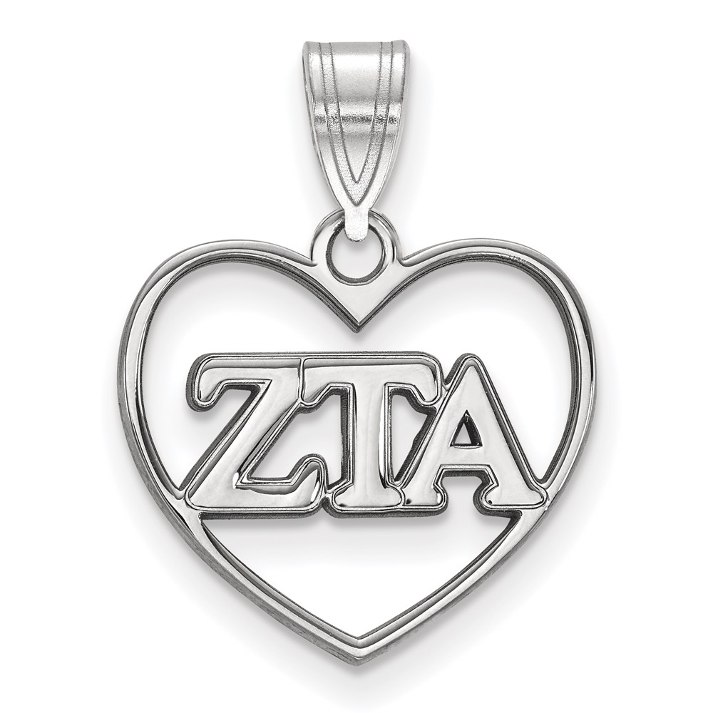 Sterling Silver Rhodium-plated LogoArt Zeta Tau Alpha Sorority Greek Letters Heart Pendant