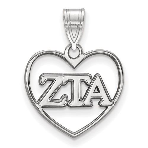 Sterling Silver Rhodium-plated LogoArt Zeta Tau Alpha Sorority Greek Letters Heart Pendant