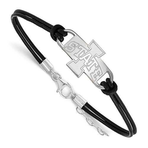 Sterling Silver Rhodium-plated LogoArt Iowa State University Medium Center Black Leather Bracelet with Extender, 7"