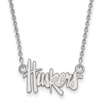 Sterling Silver Rhodium-plated LogoArt University of Nebraska Huskers Script Small Pendant Necklace, 18" view 1
