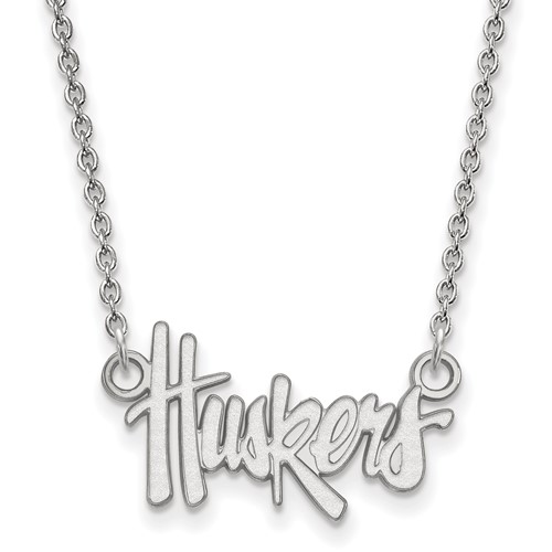 Sterling Silver Rhodium-plated LogoArt University of Nebraska Huskers Script Small Pendant Necklace, 18"
