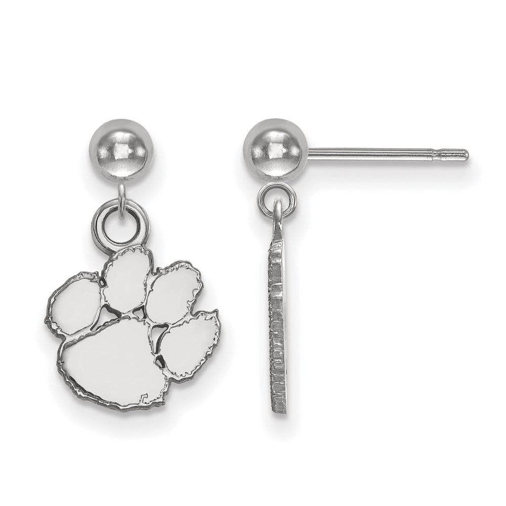 Sterling Silver Rhodium-plated LogoArt Clemson University Tiger Paw Dangle Ball Post Earrings