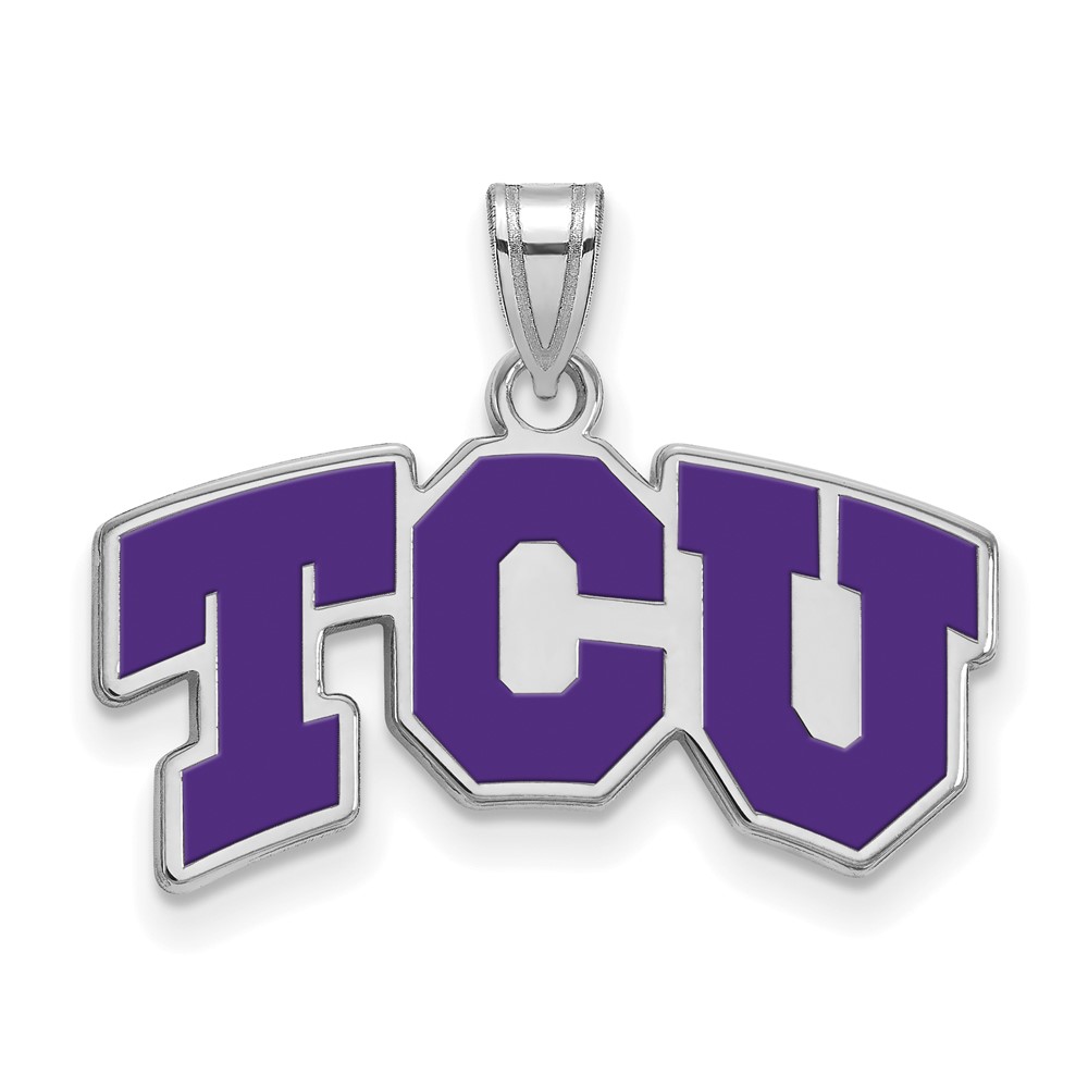 Sterling Silver Rhodium-plated LogoArt Texas Christian University T-c-u Small Enameled Pendant