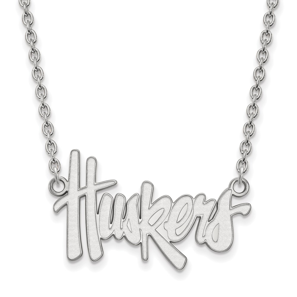 Sterling Silver Rhodium-plated LogoArt University of Nebraska Huskers Script Large Pendant Necklace, 18"