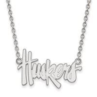 Sterling Silver Rhodium-plated LogoArt University of Nebraska Huskers Script Large Pendant Necklace, 18" view 1