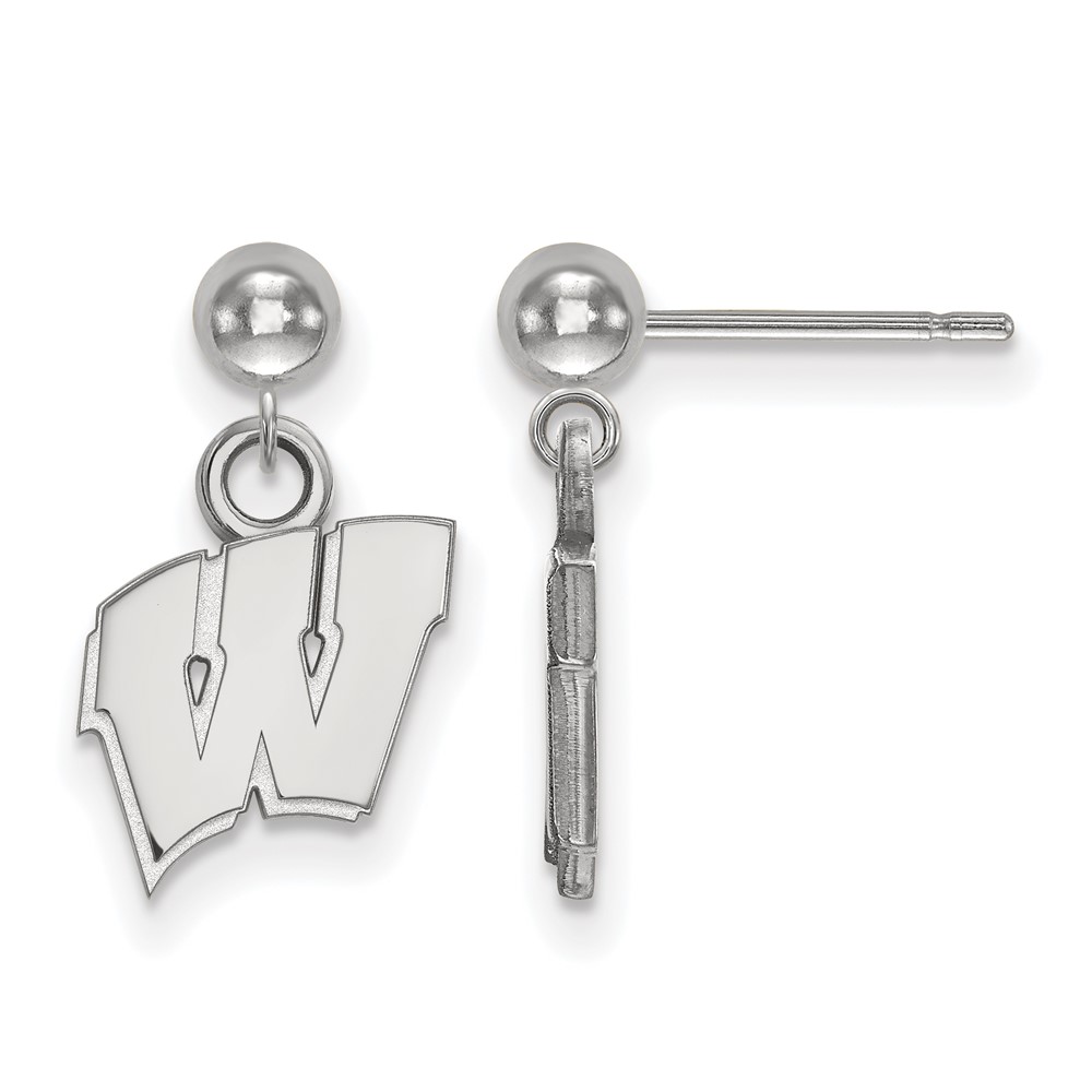Sterling Silver Rhodium-plated LogoArt University of Wisconsin Letter W Dangle Ball Post Earrings