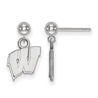 Sterling Silver Rhodium-plated LogoArt University of Wisconsin Letter W Dangle Ball Post Earrings view 1