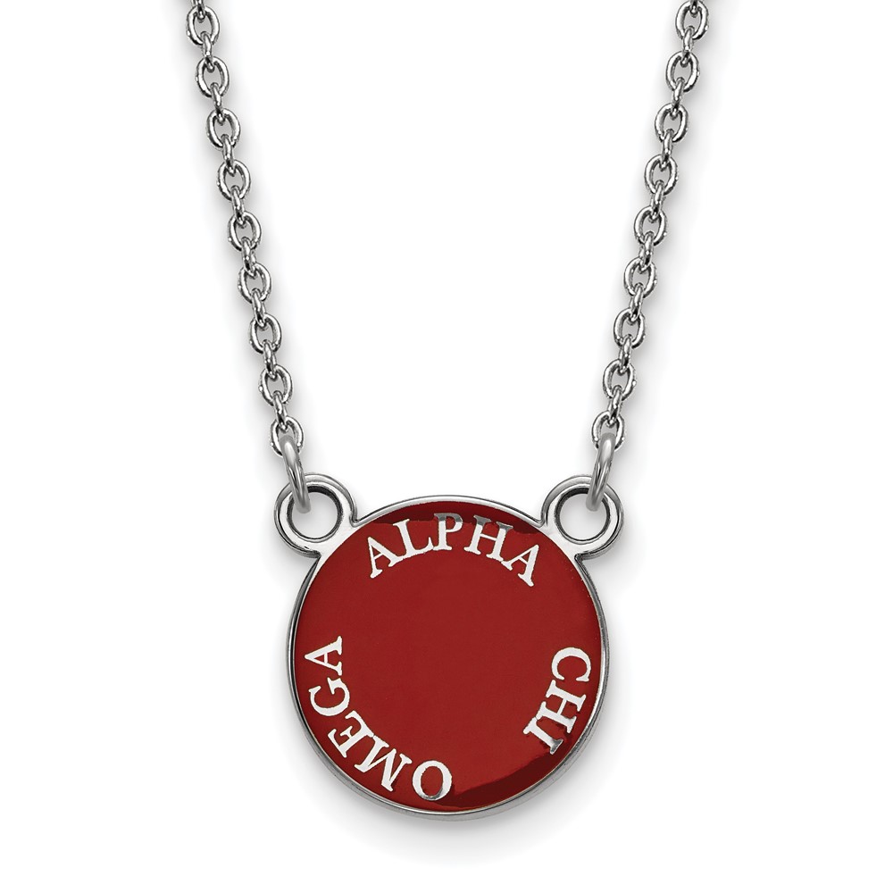 Sterling Silver Rhodium-plated LogoArt Alpha Chi Omega Sorority Text Small Color Enamel Pendant Necklace, 18"