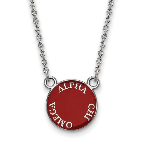 Sterling Silver Rhodium-plated LogoArt Alpha Chi Omega Sorority Text Small Color Enamel Pendant Necklace, 18"