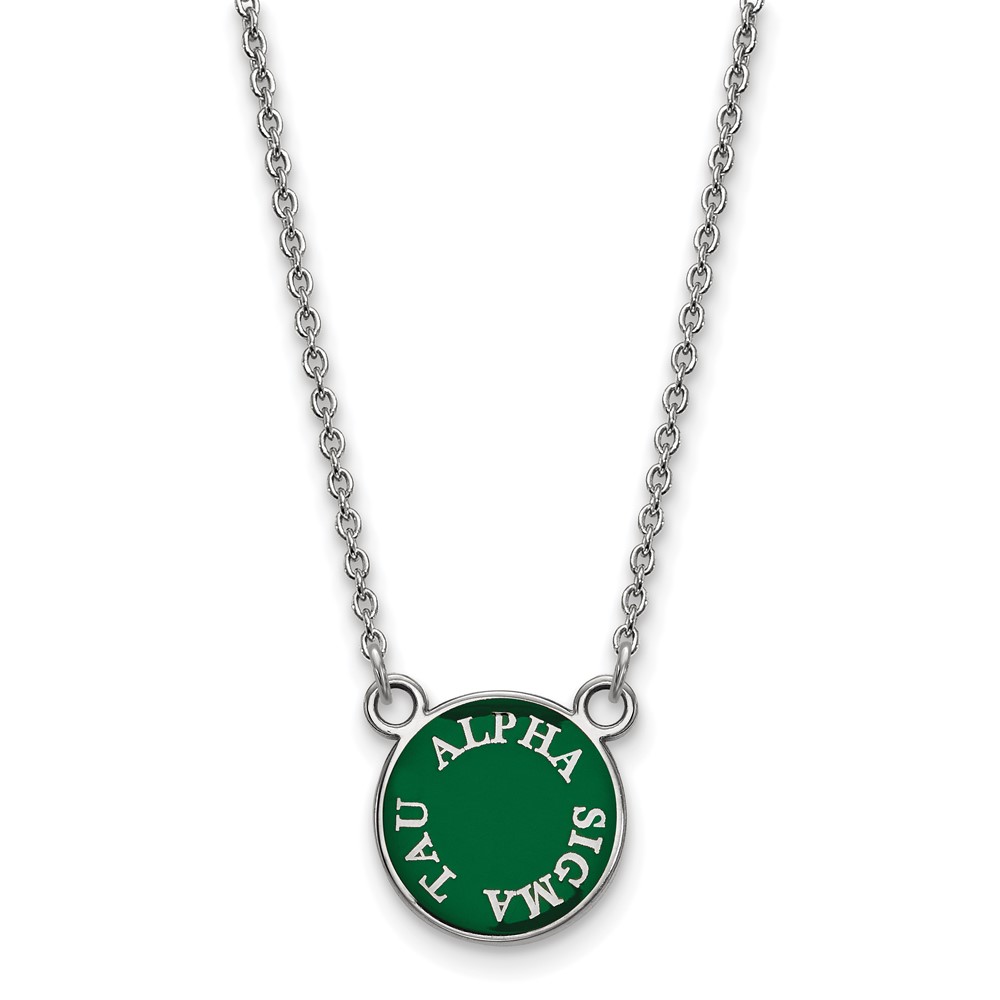 Sterling Silver Rhodium-plated LogoArt Alpha Sigma Tau Extra Sorority Text Small Color Enamel Pendant Necklace, 18"
