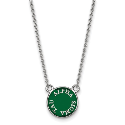 Sterling Silver Rhodium-plated LogoArt Alpha Sigma Tau Extra Sorority Text Small Color Enamel Pendant Necklace, 18"