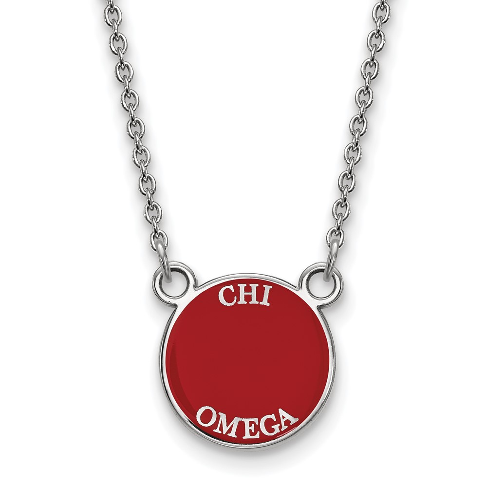 Sterling Silver Rhodium-plated LogoArt Chi Omega Extra Sorority Text Small Color Enamel Pendant Necklace, 18"