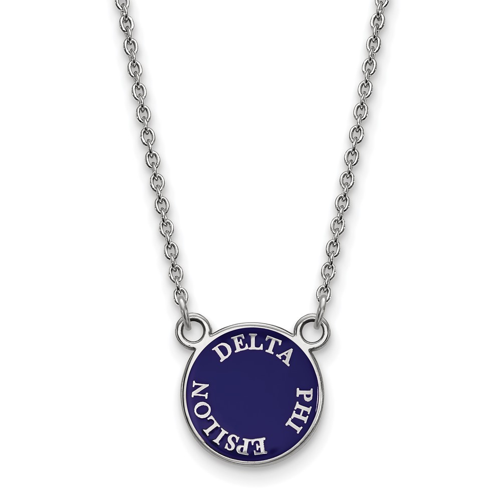 Sterling Silver Rhodium-plated LogoArt Delta Phi Epsilon Sorority Text Small Color Enamel Pendant Necklace, 18"