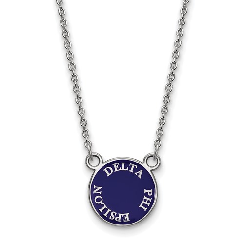 Sterling Silver Rhodium-plated LogoArt Delta Phi Epsilon Sorority Text Small Color Enamel Pendant Necklace, 18"