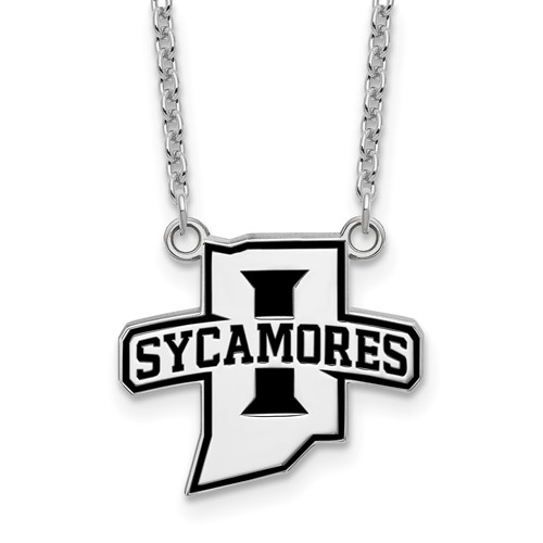 Sterling Silver Rhodium-plated LogoArt Indiana State University Sycamores Large Enameled Pendant Necklace, 18"