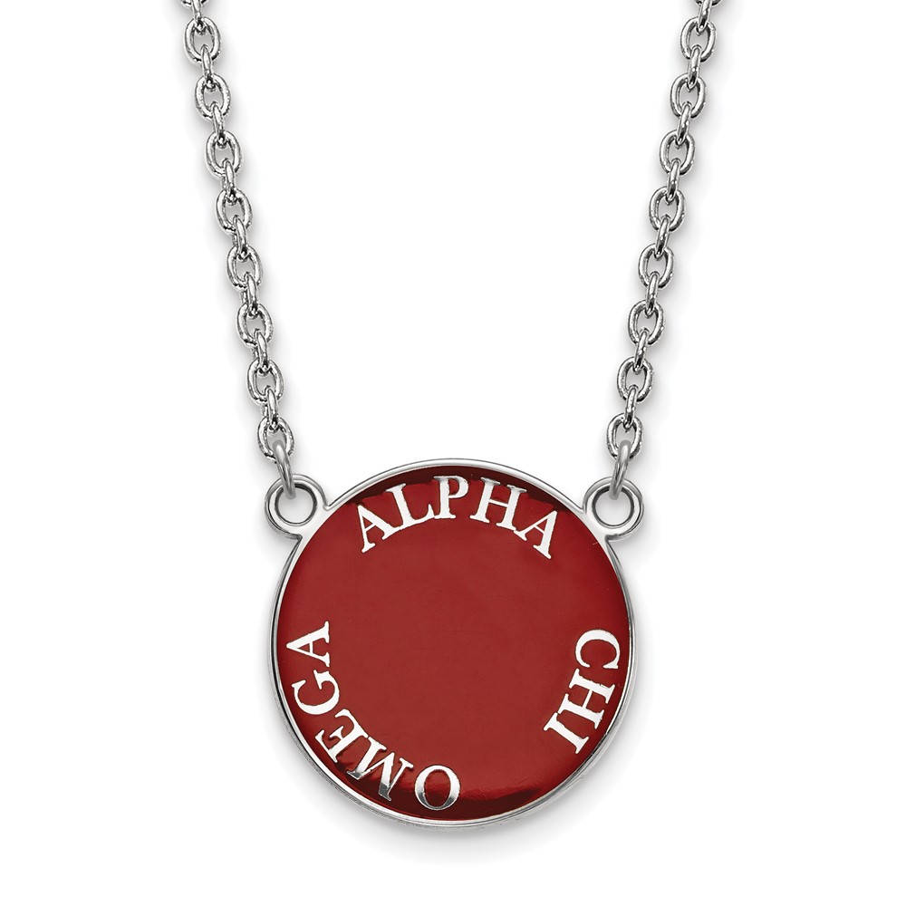 Sterling Silver Rhodium-plated LogoArt Alpha Chi Omega Sorority Text Large Color Enamel Pendant 18 Inch Necklace