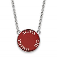 Sterling Silver Rhodium-plated LogoArt Alpha Chi Omega Sorority Text Large Color Enamel Pendant 18 Inch Necklace view 1