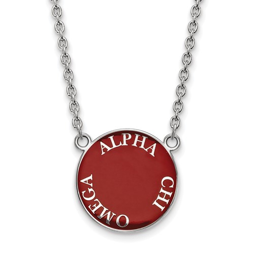 Sterling Silver Rhodium-plated LogoArt Alpha Chi Omega Sorority Text Large Color Enamel Pendant Necklace, 18"