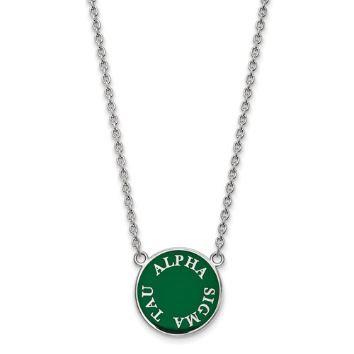 Sterling Silver Rhodium-plated LogoArt Alpha Sigma Tau Sorority Text Large Color Enamel Pendant Necklace, 18"