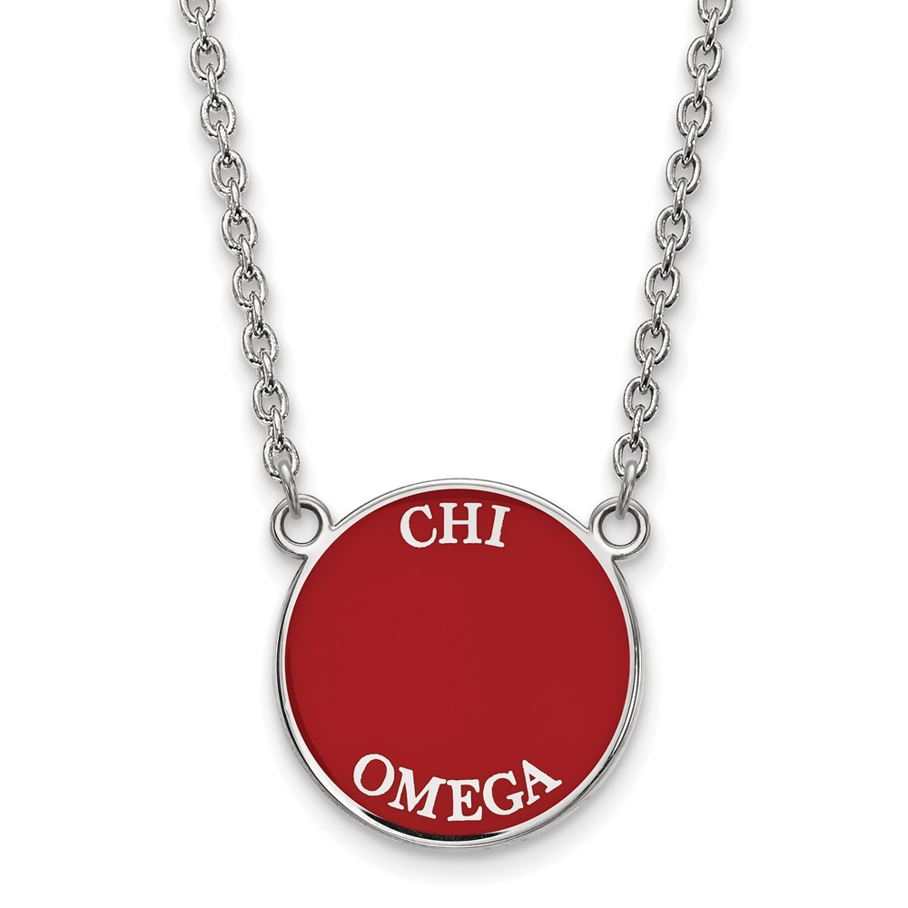Sterling Silver Rhodium-plated LogoArt Chi Omega Sorority Text Large Color Enamel Pendant Necklace, 18"