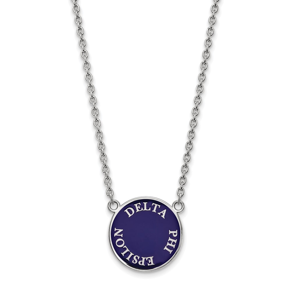 Sterling Silver Rhodium-plated LogoArt Delta Phi Epsilon Sorority Text Large Color Enamel Pendant Necklace, 18"