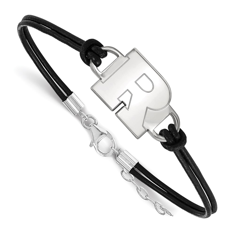 Sterling Silver Rhodium-plated LogoArt Rutgers University Letter R Small Center Black Leather Bracelet with Extender, 7"