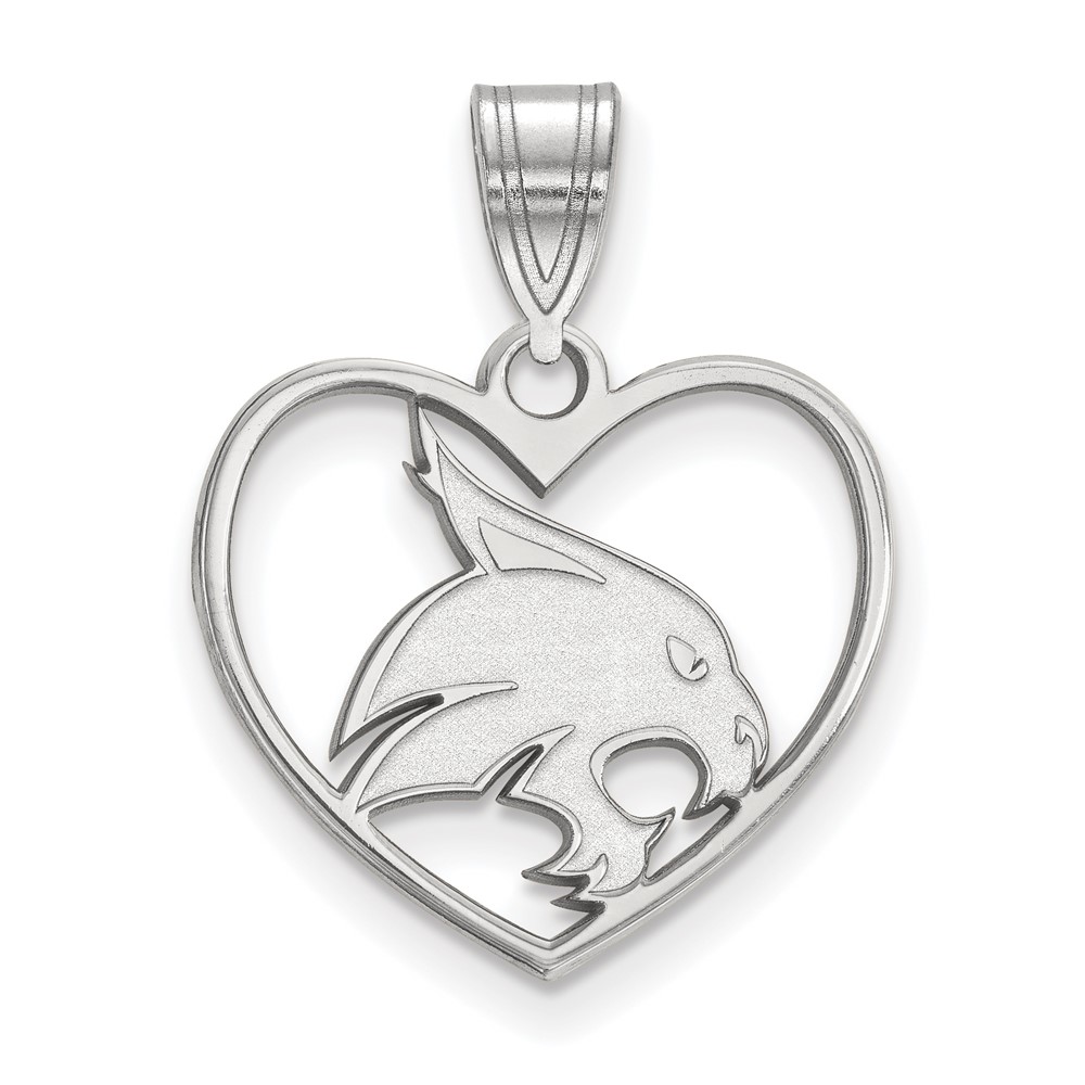 Sterling Silver Rhodium-plated LogoArt Texas State University Bobcat Heart Pendant