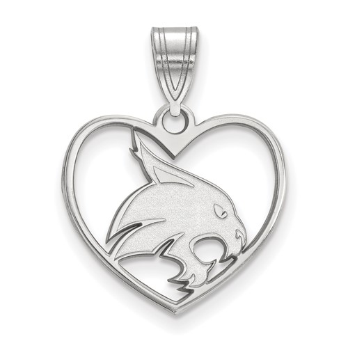 Sterling Silver Rhodium-plated LogoArt Texas State University Bobcat Heart Pendant