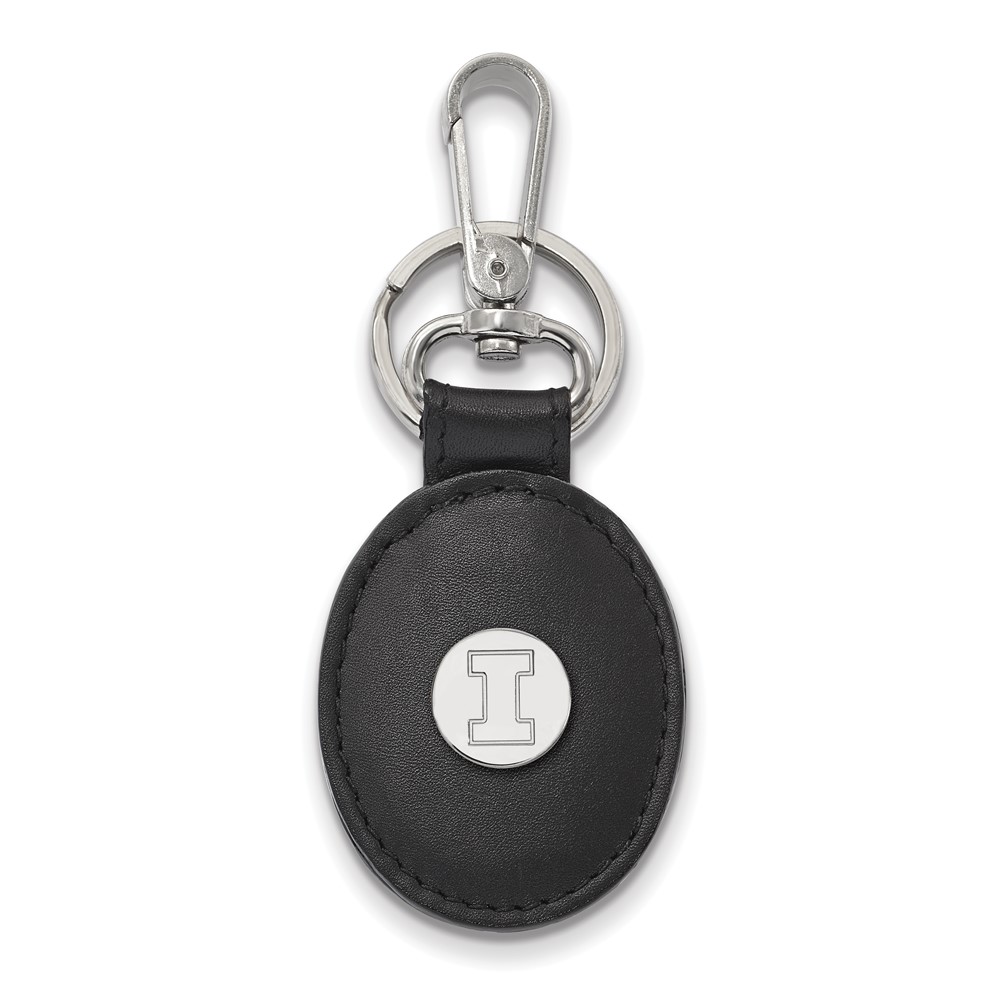 SS Rh-p LogoArt University of Illinois Black Leather Oval Key Chain