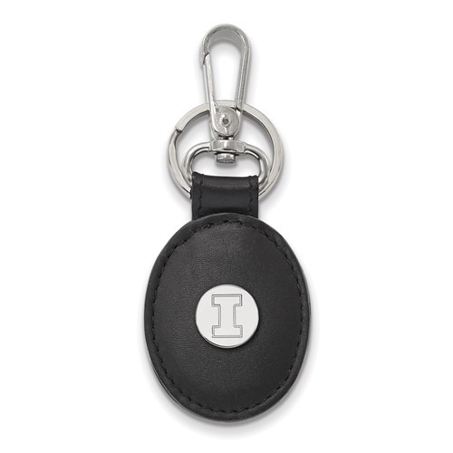 SS Rh-p LogoArt University of Illinois Black Leather Oval Key Chain